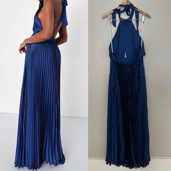 NWOT Midnight Moves Navy Blue Pleated Satin Cutout Halter Maxi Dress - Picture 7 of 8